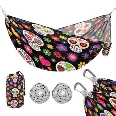 Imagem de ATTX Rede de acampamento Sugar Skull Flower – Redes leves e portáteis, capacidade de 150 kg para uso interno, caminhadas, mochilão, viagens, quintal, praia (383)