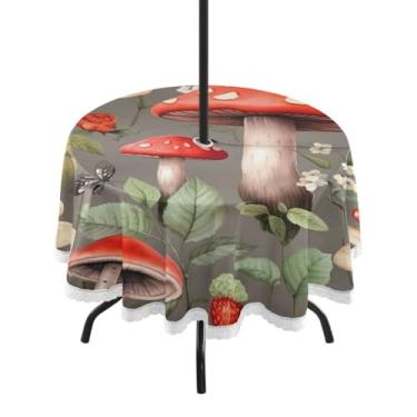 Imagem de ATTX Toalha de mesa redonda Mushroom Strawberry Outdoor – 152 cm, impermeável, à prova de derramamento, uso interno/externo, com orifício para guarda-chuva com zíper para acampamento, piquenique