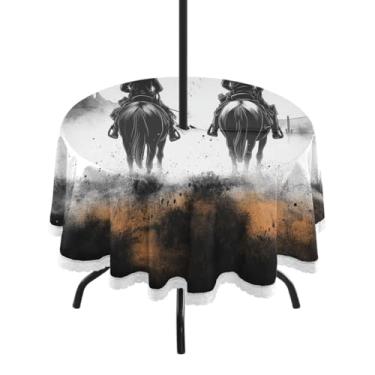 Imagem de Blueangle Toalha de mesa redonda impermeável de 152 cm ao ar livre Western Desert Cowboy com orifício para guarda-chuva - Tecido resistente à prova de sol para todos os climas para pátio, acampamento