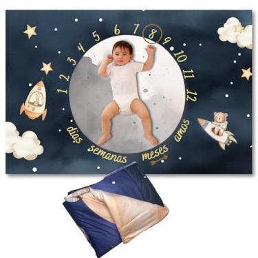 Imagem de Edredom Dupla Face Foto Bebê Mêsversário Espaço Astronauta Tapete Fotográfico Infantil, Multiuso, Estampa Digital, Acompanha Marcador, Super Macio