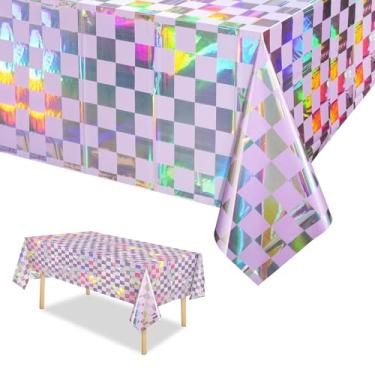 Imagem de ORNALES Pacote com 3 toalhas de mesa xadrez rosa vibrantes, toalhas de mesa de plástico descartáveis holográficas brilhantes, 137 cm x 272 cm, adequadas para piqueniques, festas de aniversário
