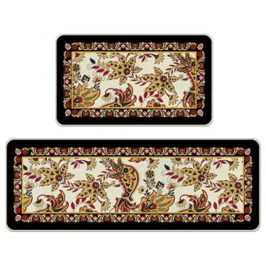Imagem de Livcoz Conjunto de 2 tapetes de cozinha florais vintage, tapetes tradicionais étnicos de flores paisley, decoração de casa, tapetes de porta ornamentados retrô - 43 x 73 cm e 43 x 128 cm