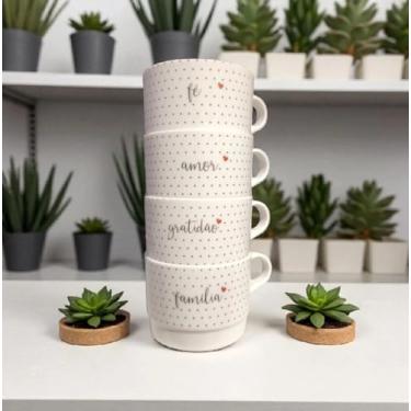Imagem de Conjunto com 4 Xícaras de Acrílico Empilháveis com Frases, 200 ml, Polka Dots, Fé Amor Família Gratidão (Branco)