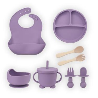 Imagem de Kit Introdução Alimentação Bebê 8 Peças em Silicone com Ventosa – Colher, Garfo, Copinho e Pratinho Atóxicos, Sem Pontas, Livre de BPA - Qualidade Premium LNSTORE (Roxo)