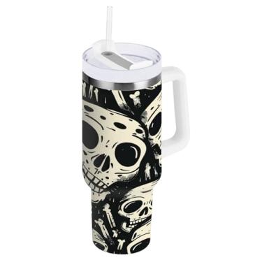 Imagem de Kigai Copo de caveira engraçado de 850 g com tampa e canudo, à prova de vazamento, durável, copo isolado de aço inoxidável com alça, garrafas de água à prova de derramamento para viagens