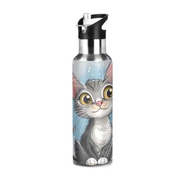 Imagem de Wassud Garrafa de água cinza gato aço inoxidável garrafa de água esportiva com canudo garrafas de água isoladas copo portátil de viagem 947 ml