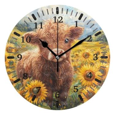 Imagem de CEBUGI 1 relógio de parede Highland Cow Girassol, 1 relógio de parede operado por bateria, silencioso, sem tique-taque, para cozinha, banheiro, quarto, escritório, decoração 25,4 cm