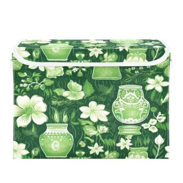 Imagem de Wassud Cestas de armazenamento de Natal com tampas, vasos de flores verdes e brancos, caixas dobráveis de tecido empilhável, cestas de linho, recipiente organizador de armário 42 x 32 x 30 cm