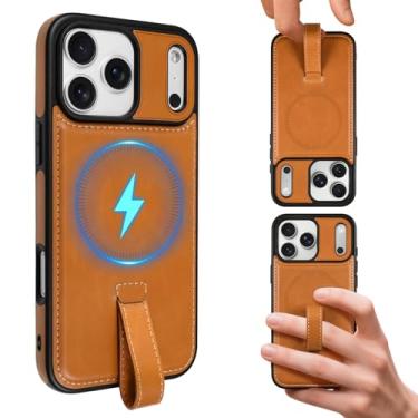 Imagem de AIGOMARA Capa magnética de couro para iPhone 17 Pro com alça de dedo, compatível com Magsafe, capa de telefone fina de poliuretano de luxo, antiderrapante, resistente, à prova de choque, marrom