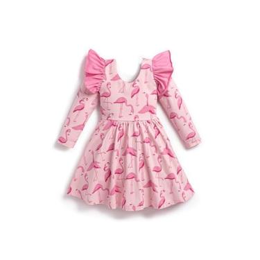 Imagem de MONICA + ANDY Vestido infantil orgânico com babados duplos, Flamingos rosa, 9 Meses