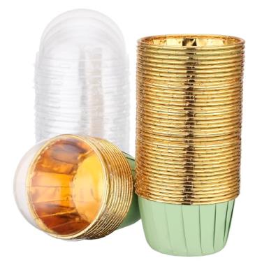 Imagem de EUSOAR Copos de panificação, 50 peças, ramequins de folha de alumínio verde de 100 ml com tampas, recipientes de cupcake, embalagens descartáveis, mini cheesecakes, porta-copos, forros de muffin