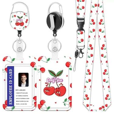 Imagem de Cordões de cereja para crachás de identificação, porta-crachá fofo Only You com clipe retrátil, etiqueta de nome de cartão de identificação, protetor vertical de cartão de identificação para mulheres