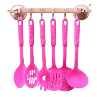Imagem de Conjunto 6 Utensilios com Gancho de Cozinha de Nylon Colher Concha Escumadeira Espátula Pegadores (KIT PINK COM SUPORTE)