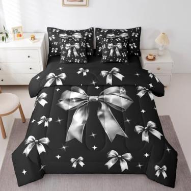 Imagem de Erosebridal Conjunto de edredom com laço preto, 7 peças, Queen, estilo princesa, para crianças, meninos, meninas, com estampa de estrelas brancas e lençol de cima