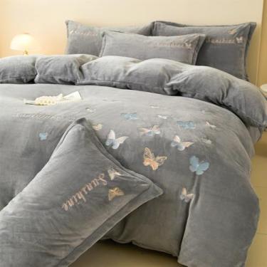 Imagem de Conjunto de capa de edredom e saia de cama em veludo macio cor leite com bordado de borboletas, ideal para o outono e inverno, na cor cinza, tamanho Queen (200x230cm).