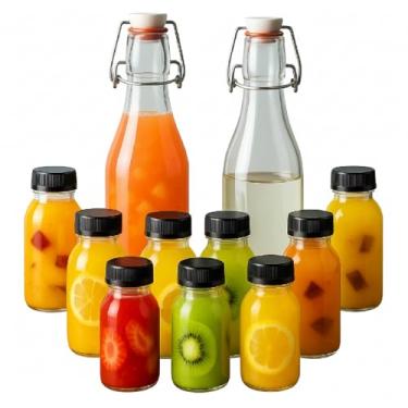 Imagem de Maxdot 6 garrafas de vidro de 740 ml com tampas herméticas, 36 unidades de garrafas de suco vazias de plástico de 200 ml com tampas, recipientes de bebida para sucos caseiros, vitaminas de leite