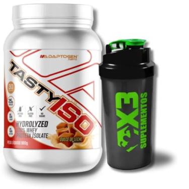 Imagem de Kit Tasty Iso Whey 900g Sabor: Dulche de Leche (Doce de Leite) – Adaptogen + Coqueteleira 600ml – X3 Suplementos| Whey Protein Isolado| Sem Lactose | Kit Whey + Shakeira/Garrafinha.