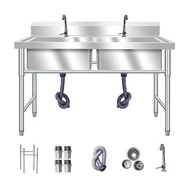 Imagem de Pia de aço inoxidável para restaurante comercial, 2 compartimentos, pia utilitária de aço inoxidável, para garagem, restaurante, cozinha, lavanderia (100 x 50 x 80 cm)