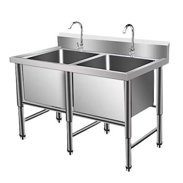 Imagem de Pia dupla grande de aço inoxidável com kit de drenagem para garagem, restaurante, cozinha, lavanderia (120 x 70 x 80 cm)