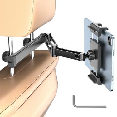 Imagem de PLDHPRO Suporte de tablet de encosto de cabeça de carro para banco traseiro, suporte de tablet de braço de liga de alumínio ajustável 3 em 1 para assento traseiro, itens essenciais de viagem para