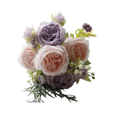 Imagem de Buquê De Flores Artificiais De Rosa E Peônia Com 5 Cabeças Para Decora