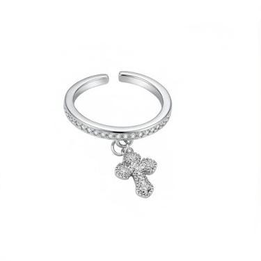 Imagem de Anel feminino com pingente de zircônia cúbica pequena cruz delicada fé de cristal ajustável empilhamento aberto promessa eternidade anéis finos ajuste confortável moda casamento aliança de noivado