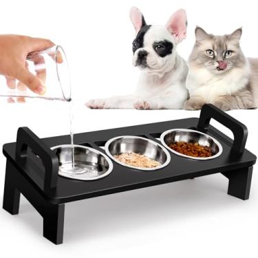 Imagem de Tigela elevada para comida de gato, 3 tigelas elevadas de aço inoxidável com suporte, tigela inclinada a 15° para gatos internos, conjunto de tigelas de água e ração para animais de estimação