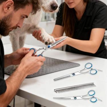 Imagem de Tesouras para cuidados com cães | 3 tesouras de aparar com pente | Tesoura reta curvada de aço inoxidável para animais de estimação | para gatos e filhotes, casa, rosto, pata, orelha, corte de cabelo