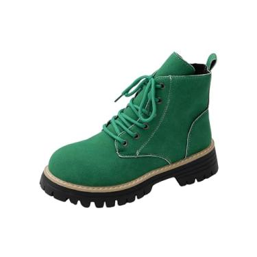 Imagem de Botas femininas curtas quentes forradas de lã bico redondo frontal cadarço salto baixo botas de cano baixo inverno casual, Verde, 38