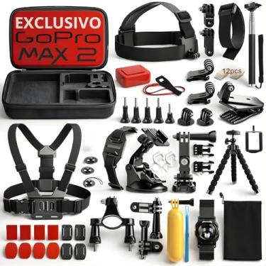Imagem de Kit de Acessórios para GoPro Hero Max 2 com 65 Itens, Maleta Protetora, Tripé, Bastão Extensível e Suporte de Cabeça para Esportes e Aventuras