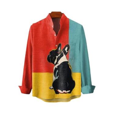 Imagem de Camisa De Linho Masculina Com Estampa Retrô De Gatinho, Manga Longa, P