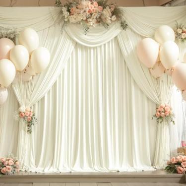 Imagem de Cortinas de fundo de 25 x 3 m com bolsos para varão – cenário de palco para foto sem vincos, 2 painéis, cortinas para fotografia, festa de casamento, decoração de chá de bebê (marfim)