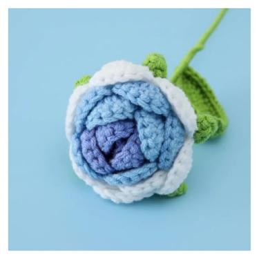 Imagem de ASDJKL 1 peça de flores de crochê, buquês artificiais, tulipas de girassol rosa, decoração de festa de casamento, presente de aniversário, flor tecida (rosa azul)