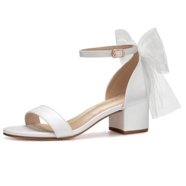 Imagem de PARTY Sandálias femininas de salto grosso com bico aberto e tira no tornozelo, Laço branco, 39