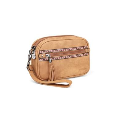 Imagem de FADEON Carteira de pulso feminina, bolsa tiracolo de couro de designer RFID com 5 zíperes, suporte para cartão de crédito, organizador de celular, Estilo nobuck marrom camelo