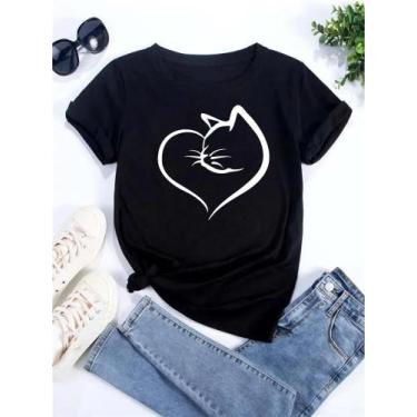 Imagem de Camiseta Feminina Casual Com Estampa De Gato Em Coração, Manga Curta, 
