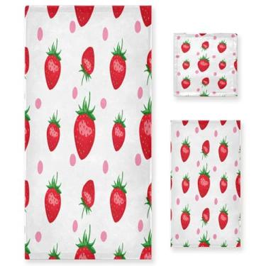 Imagem de xigua Conjunto de toalhas de banheiro com pontos de morangos, toalha de banho macia absorvente de 3 peças, toalha de mão, toalhas decorativas para banheiro, academia, hotel, praia, piscina
