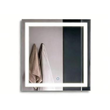 Imagem de Espelho Quadrado Jateado com LED 3 Cores - Touch para Liga/Desliga, Funcional para Banheiro, Maquiagem e Penteadeira Doméstica