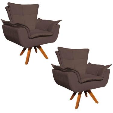 Imagem de Kit 2 Poltronas Decorativas Sala De Estar Base Giratória Madeira Opla Suede Marrom - Ibiza