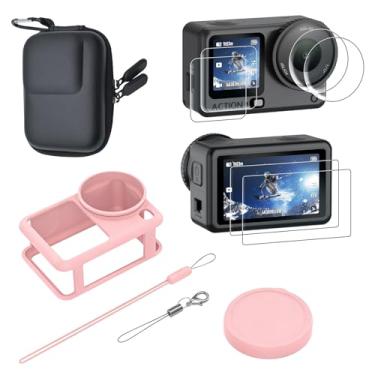 Imagem de TOHUSHUAXI Protetor de tela (6 + 2 unidades) compatível com câmera DJI Osmo Action 6 Pro, filme de vidro temperado, cobertura total com capa de silicone e estojo rígido para transporte de viagem (rosa