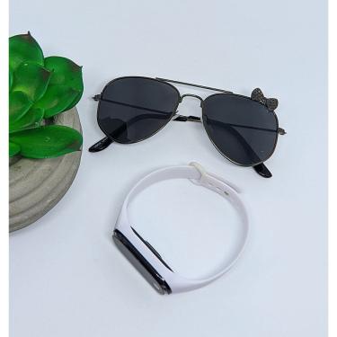 Imagem de Kit Relógio Led Infantil Band Bracelete Silicone Menina + Óculos de Sol Aviador Lacinho Flexível aço Proteção Uv400