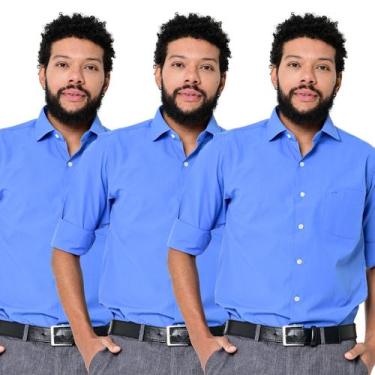 Imagem de Kit 3 Camisas Social Masculina Lisa Manga Longa Camisaria Colombo, Azu