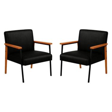 Imagem de Kit 2 Poltronas Fontana Couro Preto Base Em Madeira Com Metal Preto