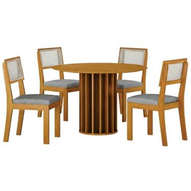 Imagem de Conjunto Sala De Jantar Flora Cinamomo 4 Cadeiras Linho Cinza Base Em Madeira 1,08 M Leifer Móveis