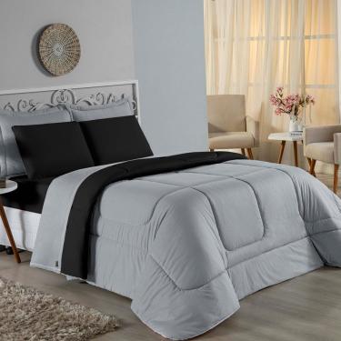 Imagem de Kit Edredom Dupla Face + Jogo De Lençol Solteiro Nobre 4 Peças Malha 100% Algodão - Cinza / Preto