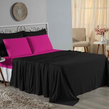 Imagem de Jogo De Cama Casal Viúva Nobre 4 Peças Malha 100% Algodão - Preto / Pink