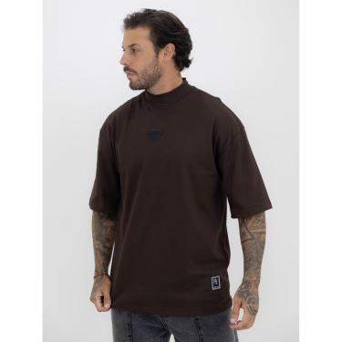 Imagem de Camiseta Oversized Gola Alta Borracha Triângulo All Black Streetwear Algodão Premium Marrom-Masculino