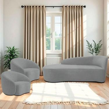 Imagem de Kit Divã Recamier Orgânico França 140cm Lado Esquerdo E 2 Poltronas Amore Bouclé Cinza