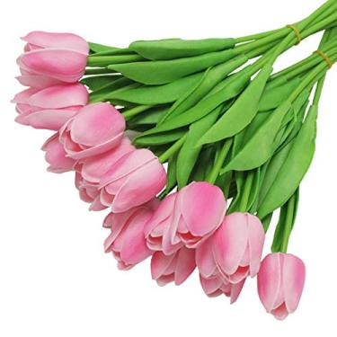 Imagem de Vlovelife 20 cabeças flores artificiais tulipa fúcsia rosa toque real tulipas PU tulipas falsas flores buquês de casamento arranjo de flores buquê casa quarto centro de mesa festa decoração de casamento