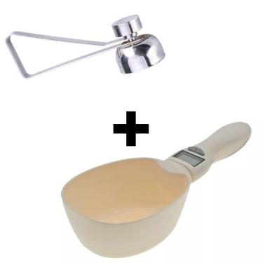 Imagem de Abridor Cortador De Ovo Cru Cozido Aço Inoxidável + Colher Digital Medidor Dosador Balança Ração Pet Ou Cozinha